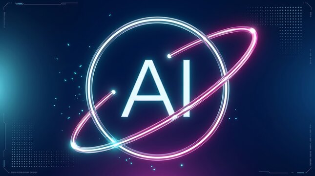 Futuristic text branding surrounded by a glowing neon light ring with digital binary code background representing advanced intelligence and modern technology software development