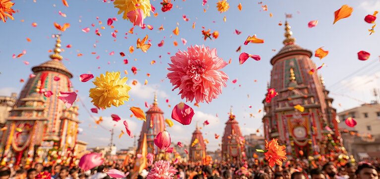 Ornate temple chariots parading through lively crowds during a colorful cultural festival celebration.