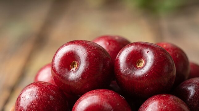 Fresh ripe cherries close up, sweet dark red fruit on rustic wooden background, organic summer berries for healthy eating and dessert recipes