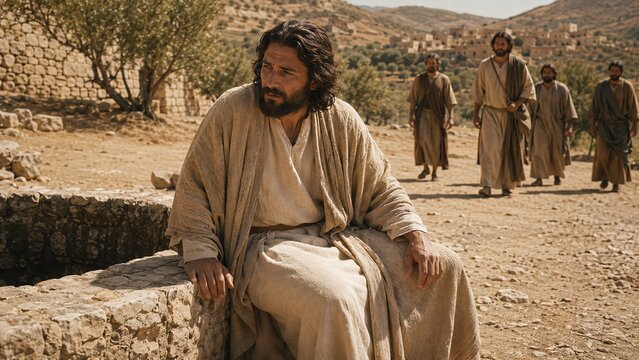Tired Jesus sitting at Jacob well in Samaria while disciples walk toward town in distance. Biblical scene of holy conversation at ancient stone well.