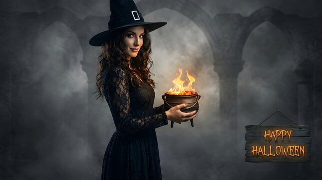 A mysterious witch conjures a magical flame embodying the spooky spirit of halloween night