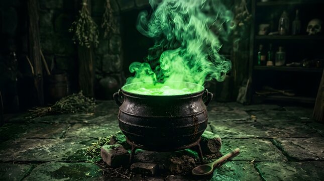 A bubbling cauldron of green potion emits mysterious smoke perfect for a spooky halloween night scene