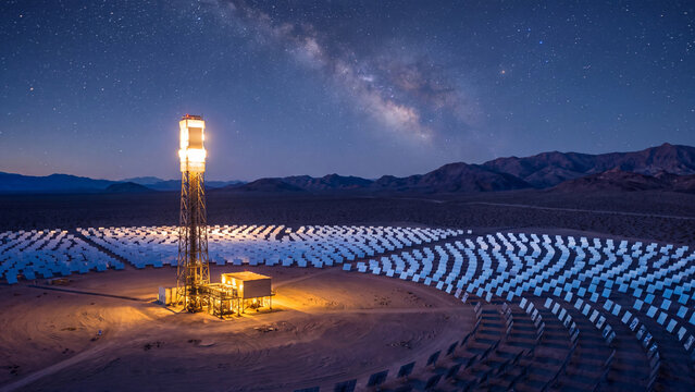 solar power and renewable energy, illuminated solar tower with heliostat reflectors in a vast desert beneath the Milky Way and starry night sky for sustainable electricity generation