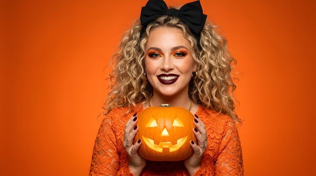 A vibrant portrait of a woman celebrating halloween with a carved pumpkin and festive makeup