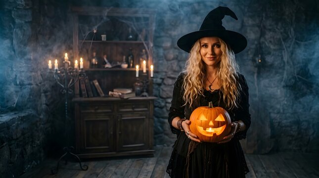 A captivating halloween scene featuring a witch holding a jack o' lantern in a spooky atmospheric setting
