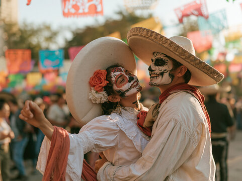 Romantic couple dancing at Dia de los Muertos celebration with Catrina makeup
