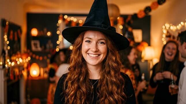 A cheerful woman dressed as a witch smiles brightly during a lively halloween party with friends