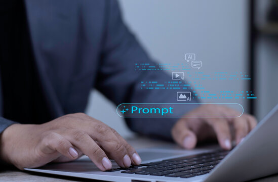 AI prompt engineering and generative content creation concept with user typing on laptop keyboard displaying glowing prompt command bar and AI media generation icons on dark background.