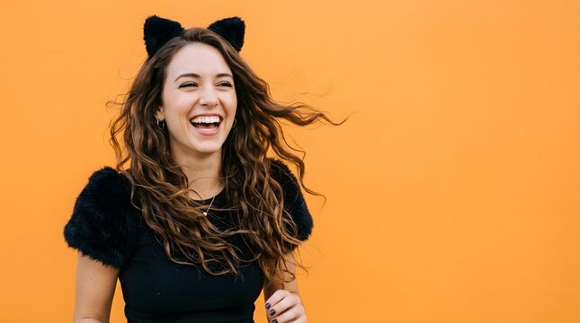 A joyful woman dressed as a cat celebrates the fun and spooky spirit of halloween with a bright smile