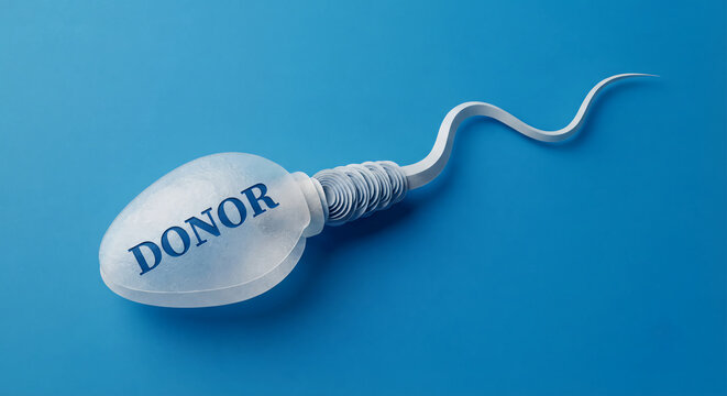 A white stylized sperm cell with the word "DONOR" on its head, isolated against a solid blue background.