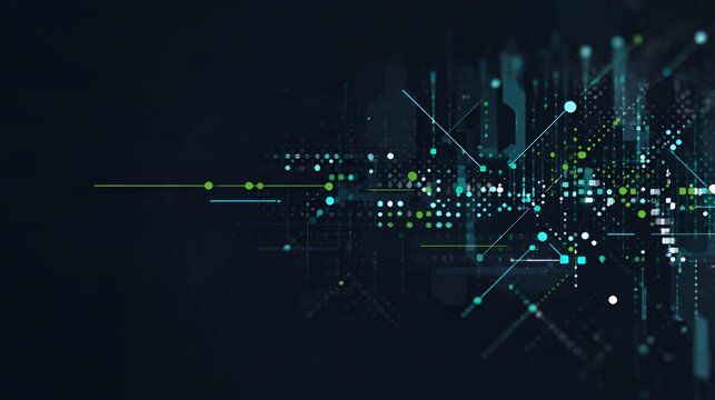 Horizontal high-tech abstract digital data transfer visualization with glowing cybernetic circuit nodes and particles on dark backdrop