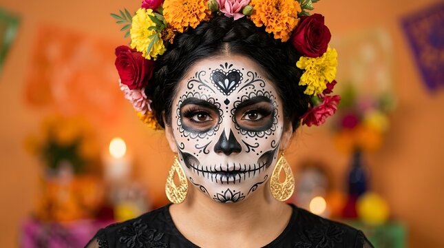 A stunning portrait of a woman adorned with the beautiful and intricate makeup of d a de muertos celebrations