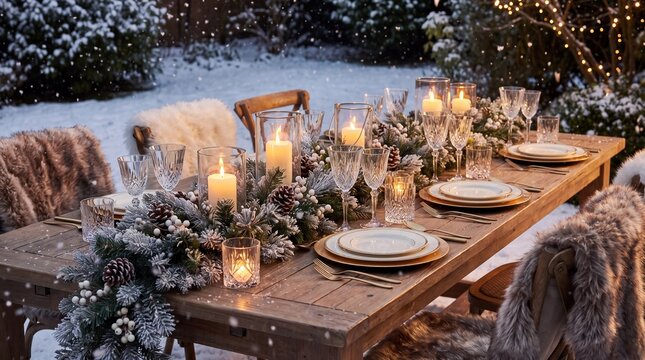 Magical outdoor winter dining table, elegantly set for Christmas. Features festive garlands, glowing candles, luxurious settings, and a snowy ambiance