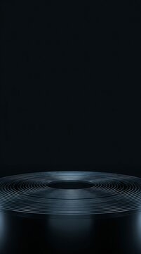 Minimalist black podium with metallic acoustic wave concentric circles on dark background vertical