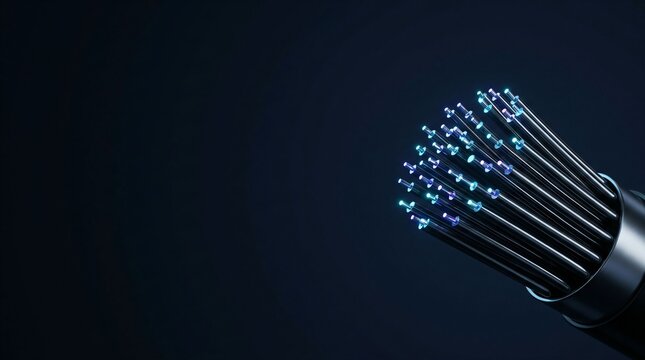 Close up of optical glass fiber cable connector emitting blue light data signals with copy space
