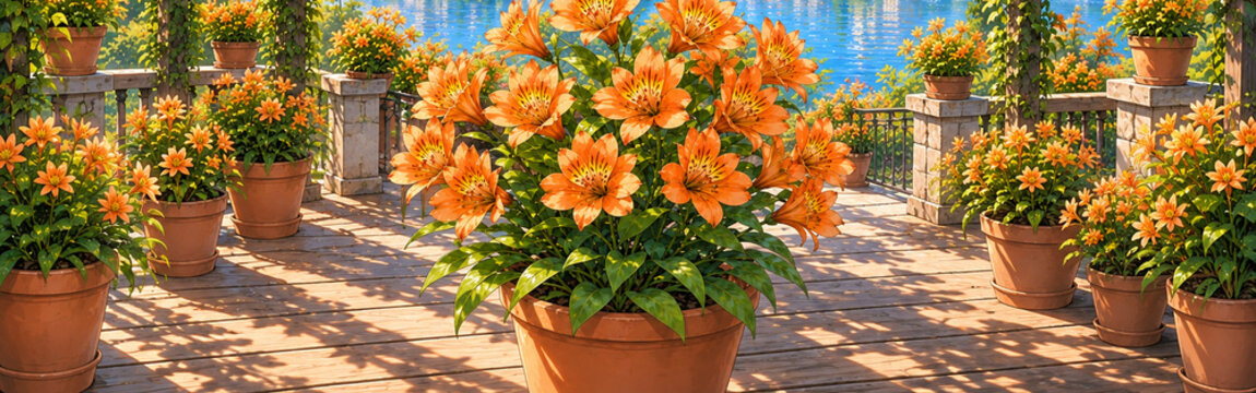 Potted orange alstroemeria Peruvian lily flowers on a sunlit wooden lakeside terrace with an iron railing and blue water beyond, soft anime-style panoramic illustration
