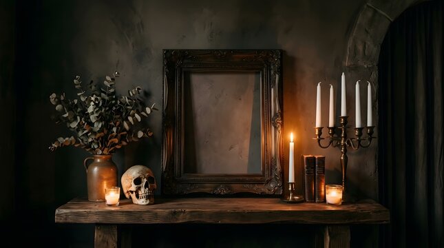 A hauntingly beautiful still life evokes the spirit of halloween with candles a skull and antique decor