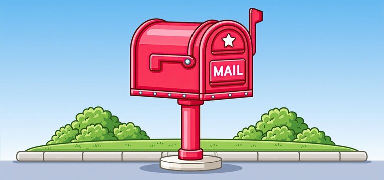 Retro red mailbox vector illustration on a bright street, ideal for postal marketing and festive greetings.
