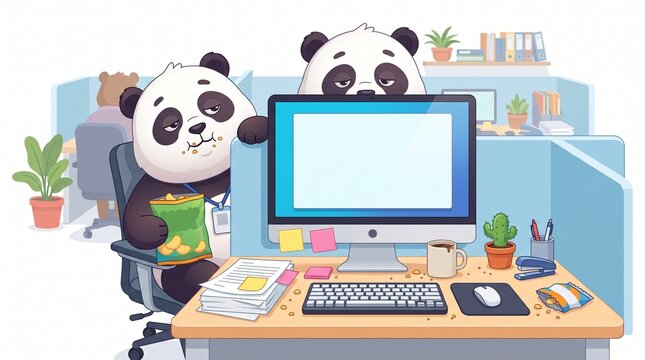Cute tired panda colleagues working in office cubicle with computer and snacks vector illustration