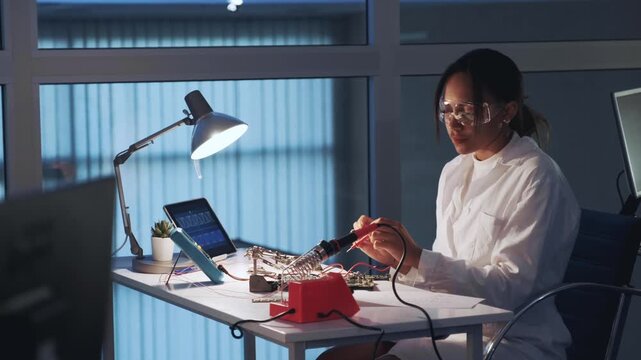 African American woman wearing lab coat and safety glasses testing electronic components with multimeter and soldering tools in a bright laboratory workspace during daytime.