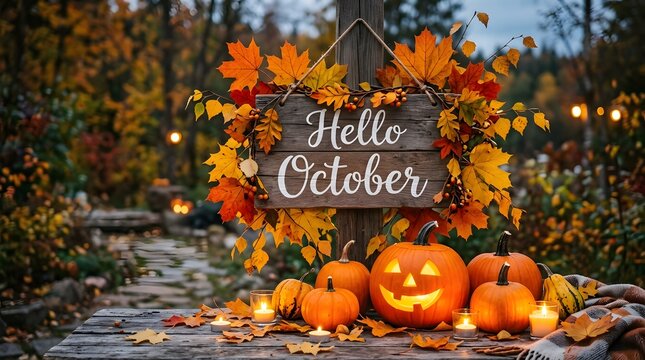 A charming autumn welcome sign surrounded by pumpkins and vibrant fall foliage creates a festive halloween atmosphere