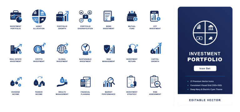 Collection of investment portfolio icons showing various financial concepts and functions in a digital format