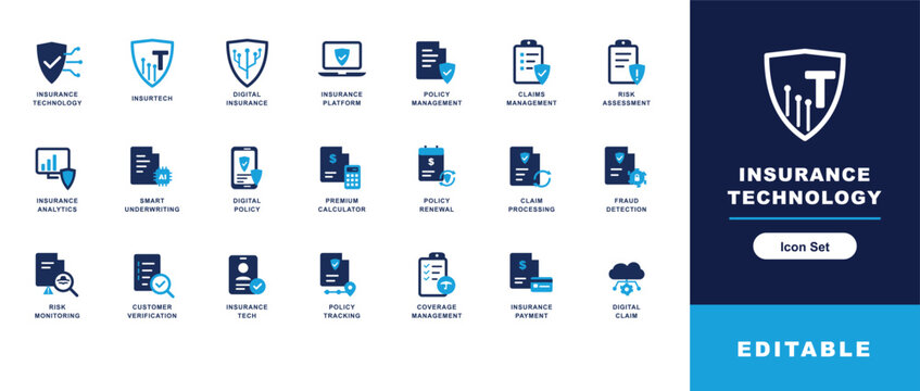 InsurTech Icons Vector Set with various symbols related to insurance services and technology