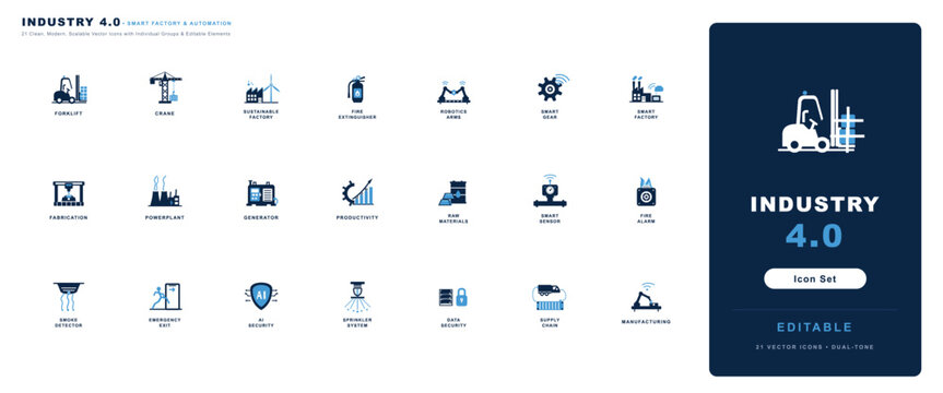 Vector icon set for Industry 4.0 showcasing various elements for modern industrial activities