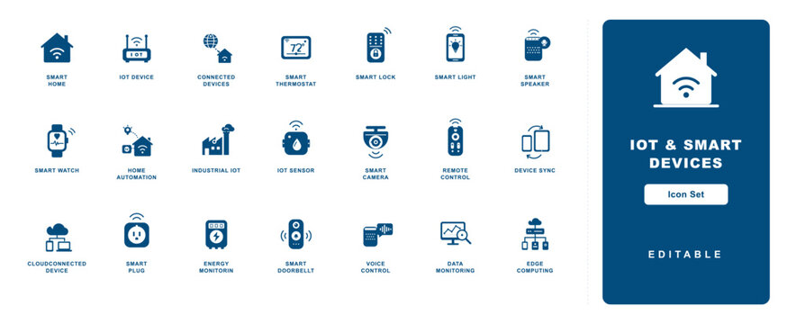 IoT Smart Devices Icon Set showing various digital tools for smart home and industrial applications