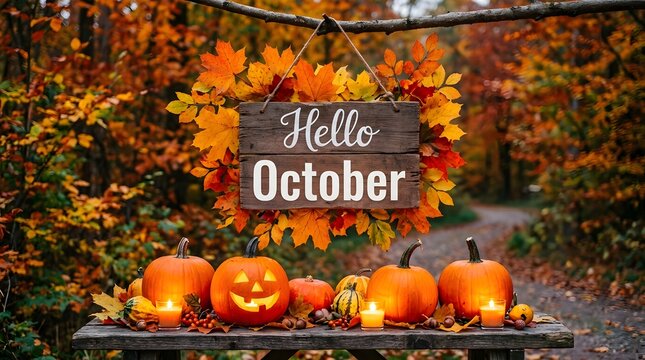 A beautiful autumn scene featuring pumpkins fall foliage and a welcoming 'hello october' sign