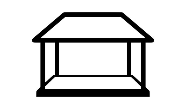 Minimalist black and white gazebo vector icon with pitched roof and four posts for park and outdoor event design