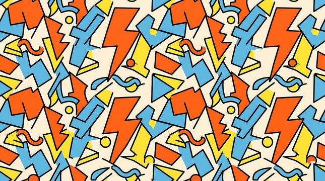 A vibrant geometric pattern features abstract shapes and lines in shades of orange arrangement art background bold color colorful composition
