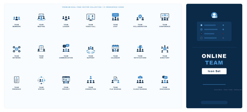 Collection of online team icons including team meetings, collaboration, project management, and communication tools for digital teamwork