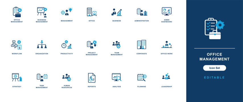 Office management icon set for organizational and business tasks