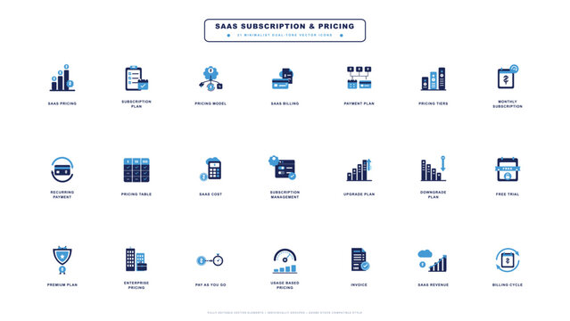 Icon set for subscription and pricing options used in software as a service platforms