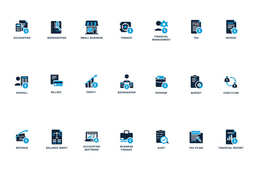 Icon set featuring small business accounting icons for various financial activities in a simple graphic style