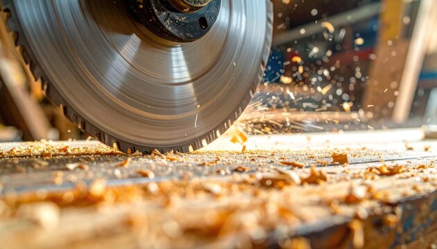 Close-up of a circular saw blade cutting through wood, creating sawdust and sparks in a workshop setting