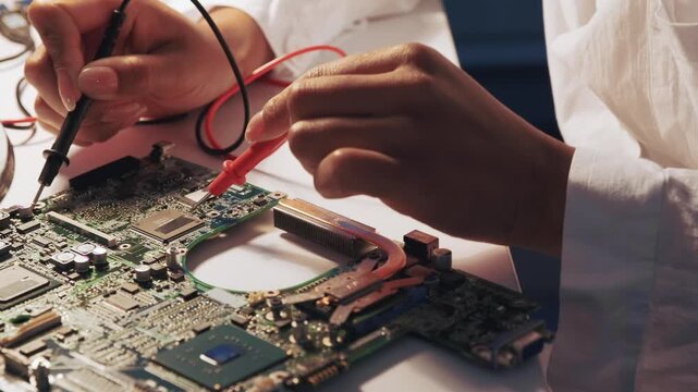 A female engineer wearing a white lab coat inspects and tests a complex motherboard using multimeter probes in a clean indoor laboratory workspace.