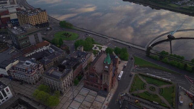 Aerial view of the Peace Bridge and Guildhall in Derry, Northern Ireland, United Kingdom.