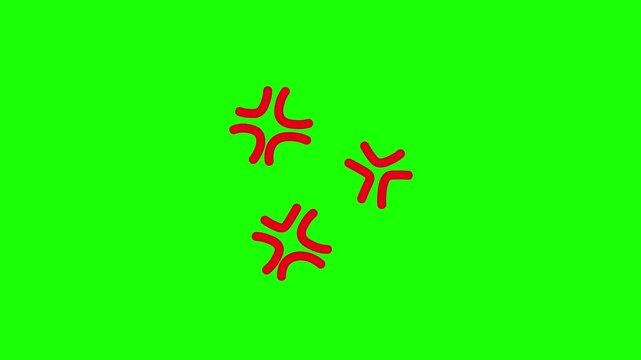 Red anger symbol comic effect animation, with rapid shaking motion, cartoon style, green background, 4K video.