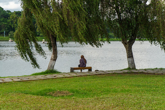 Person sitting on park bench by calm lake in daytime