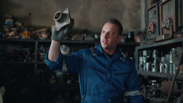 Worker shows part in workshop. He wears blue coveralls. Gloves grip metal piece. Background shelves hold tools. He looks focused and professional