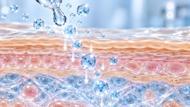 Transdermal skin delivery concept showing cosmetic serum molecules penetrating epidermis