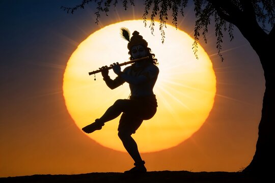 A silhouette of Krishna playing flute stands beneath a glowing solar eclipse and tree symbolizing divine peace and transcendence