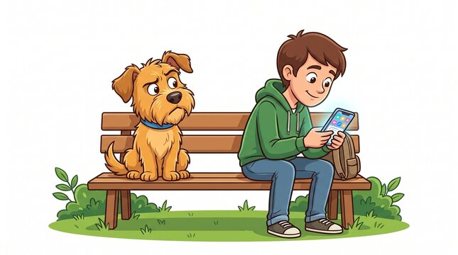 Cartoon dog staring at a smartphone held by a young boy sitting on a park bench in a garden setting