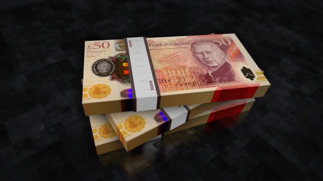 Great Britain pound sterling english money pile pack. Concept background of economy, banking, business, crisis, recession, debt and finance. UK 50 GBP banknotes stacks 3d animation.