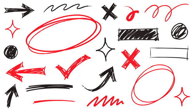 Hand-drawn doodle set. Red and black sketch elements. Arrows, circles, checkmarks, stars. Dashed decorative design accents.