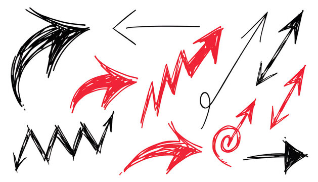 Hand-drawn arrows collection set. Sketchy black and red pointers. Rough vector directions. Doodle guides for presentation and infographic design.