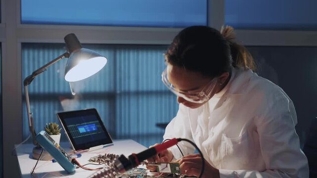 Female electronics engineer wearing white coat and safety glasses testing a motherboard with a multimeter in a bright laboratory during daytime.