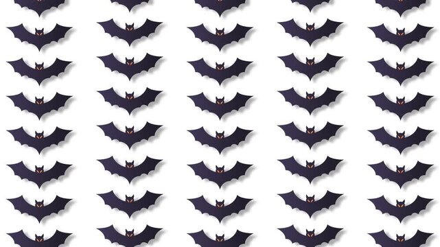 Seamless loop halloween background pattern of black paper bats flying on white surface.